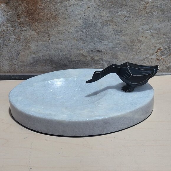 Decorative Marble Soap Dish Jewelry Holder Black Metal Bird Figure - Picture 2 of 12